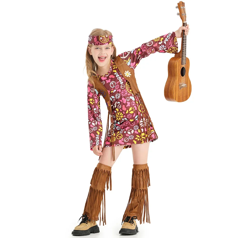 Cosplay Indian Tassels Costumes Set Women's Peace Love Hippie Christmas 1960s Stage Performance Halloween Dress Up Outfits Party