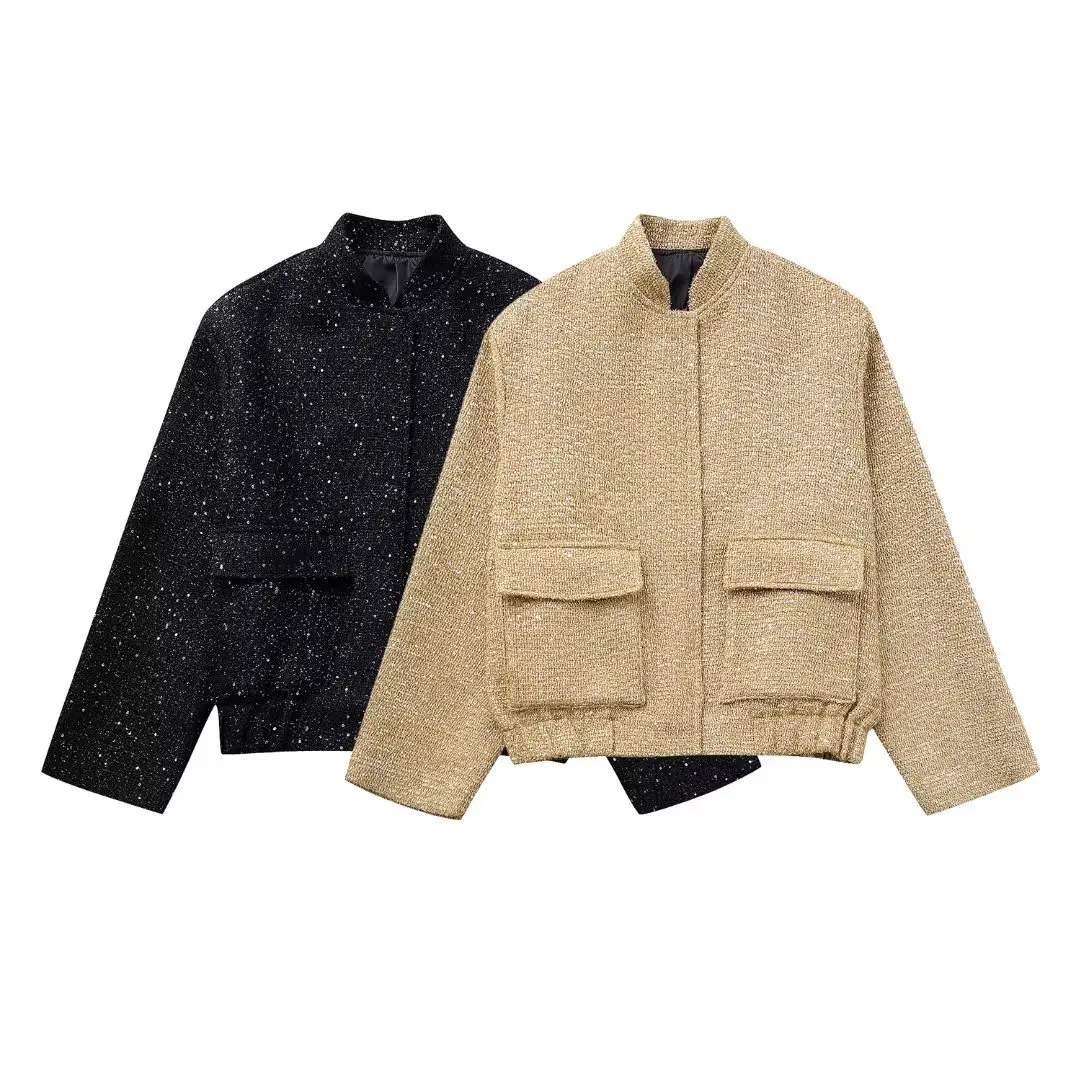 

New casual half high neck sequin long sleeved zippered jacket for women