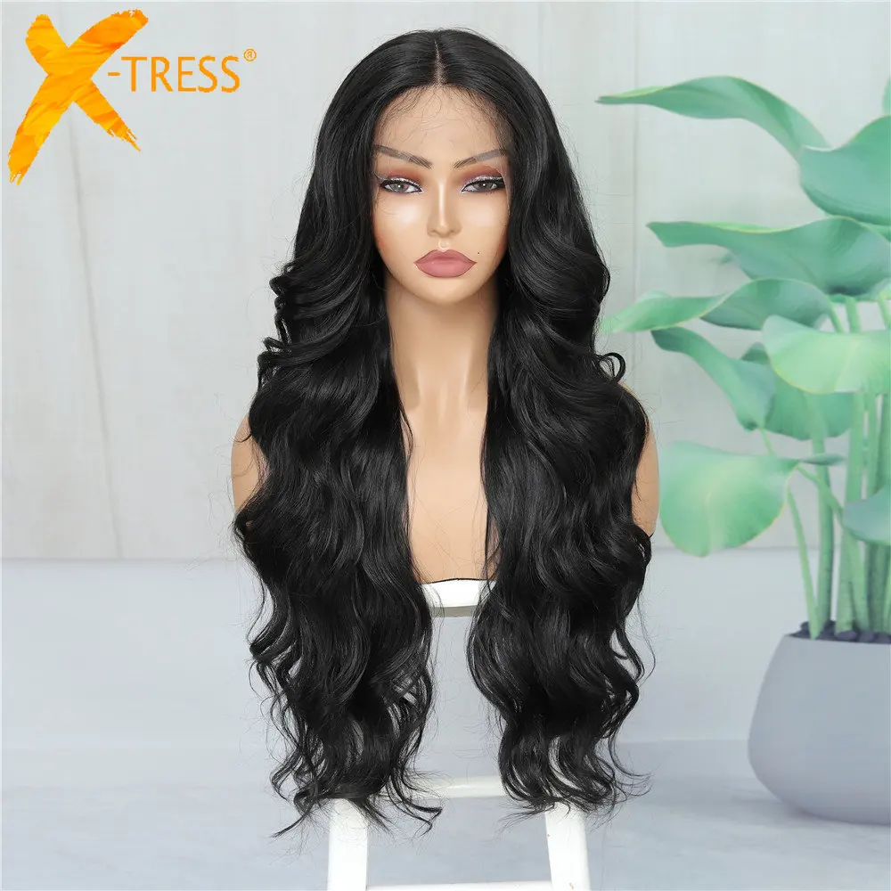 

X-TRESS Long Body Wave Synthetic Lace Front Wig Middla Part Black Color Natural Hairstyle with Baby Hair Daily Wavy Hair Wigs