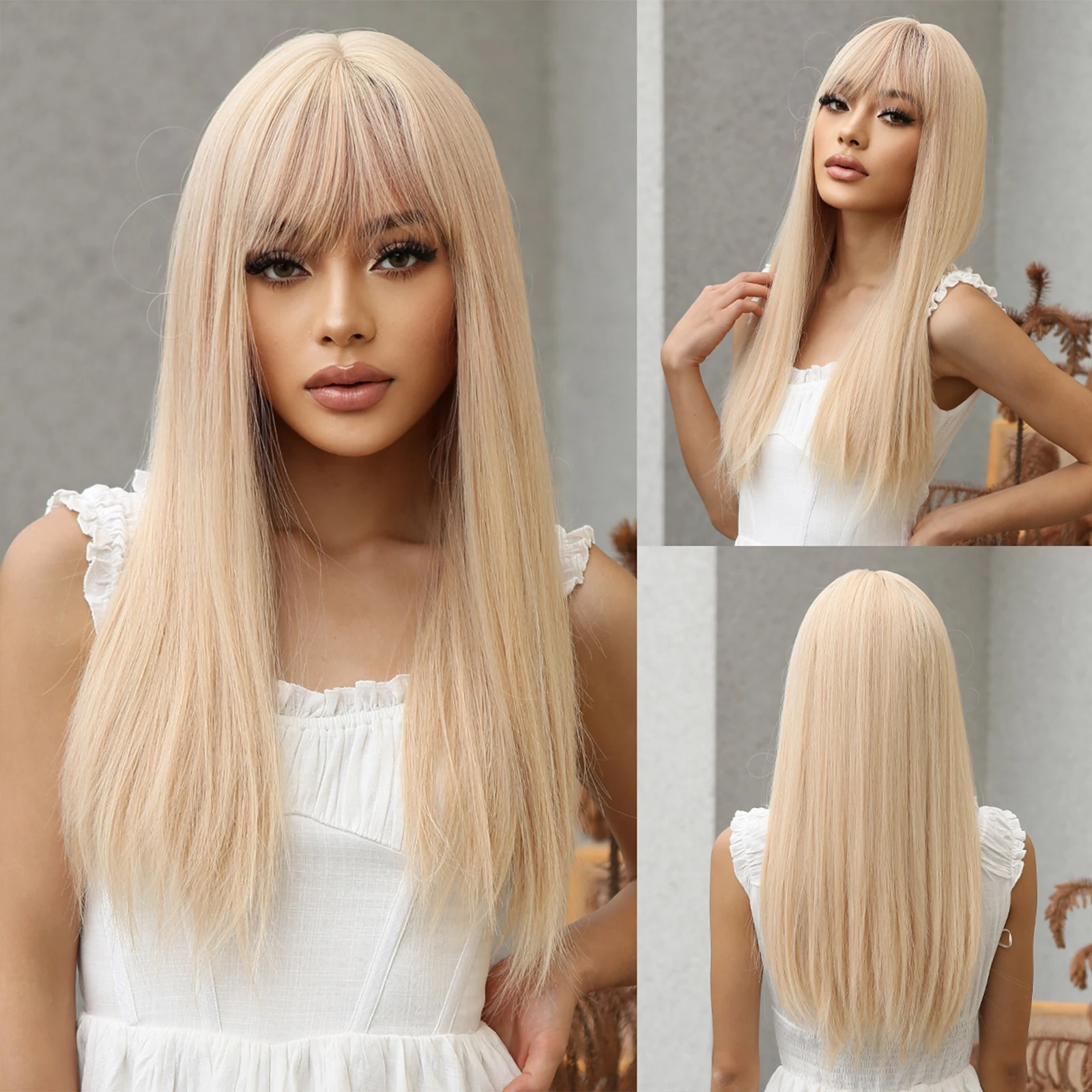 

Long Light Blonde Golden Straight Synthetic Wigs Beige Lolita Cosplay Hair with Bangs for Women Party Daily Heat Resistant Fiber