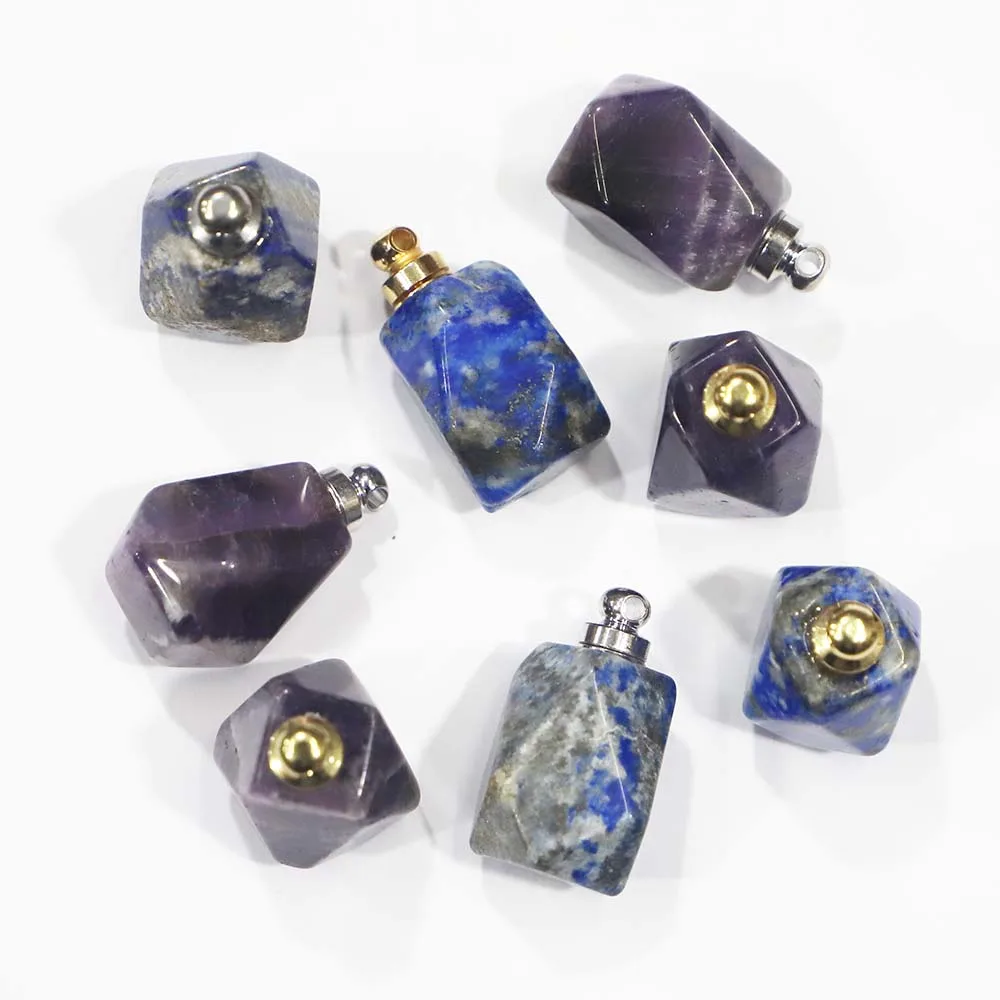 

2Pcs New Natural Lapis Lazuli Amethyst Polygon Perfume Bottle Pendants Jewelry Fashionable charm necklace for women Accessory