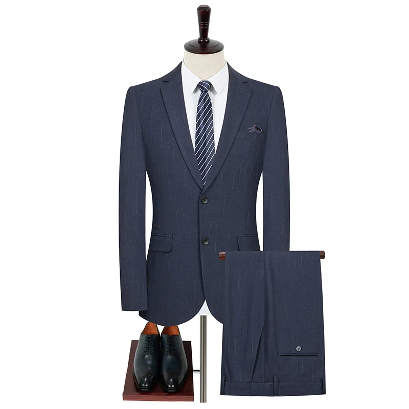 Business Male Suits Navy Blue Plaid Gentleman Elegant Blazers And Pants Wedding Dress Office Formal 2 Pieces Jacket Suit For Man