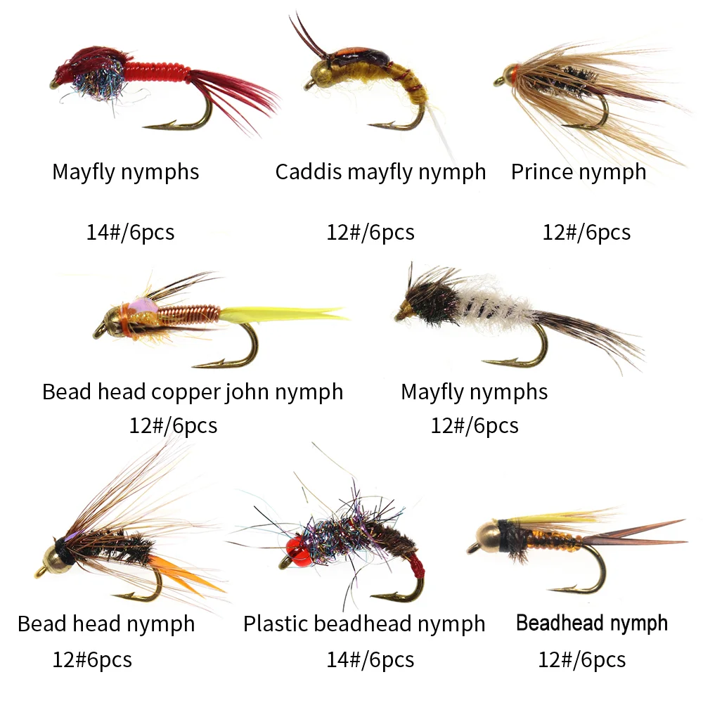 Vampfly 48Pcs Fly Set Box Kraal Hoofd Koperen John Nimf Caddis Kan Fly Nimfen Droge Vliegen Met Fly Doos voor Forel Vissen Lokken Aas