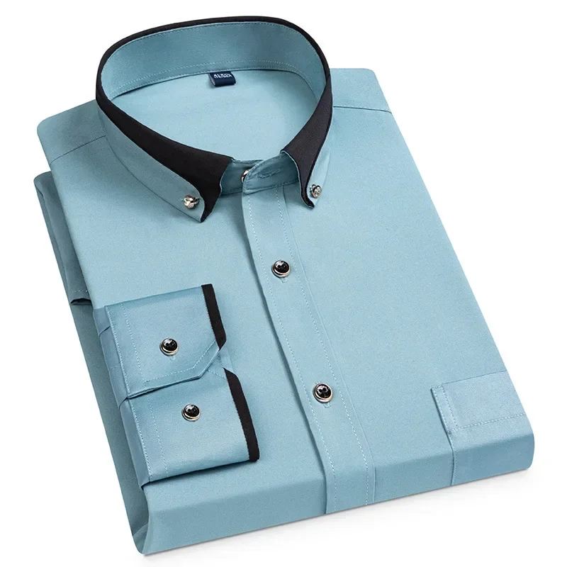 

5XL Autumn/Winter Social Long Sleeve Shirt with Diamond Buckle Contrast Collar Men's Business Casual Four Seasons Pockets