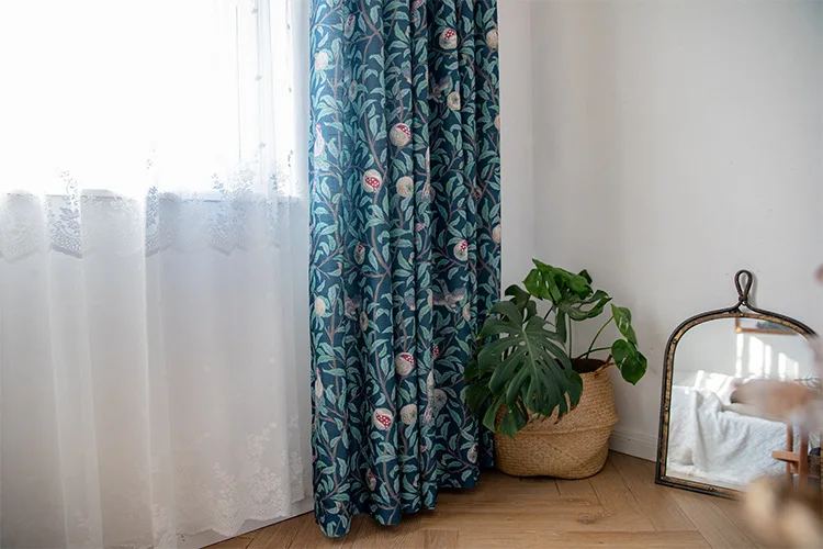 curtain designs American Curtains for Living dining Room Bedroom Retro Dark Green Pomegranate Flower and Bird Imitation Cotton and Linen Curtain blue curtains