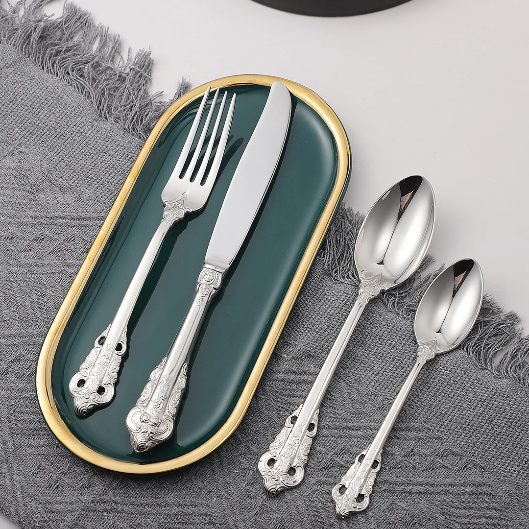 

Silver Stainless Steel Dinnerware Set 4pcs Knife Fork Spoon Cutlery Set Western Kitchen Tableware Silverware Set Dropshipping