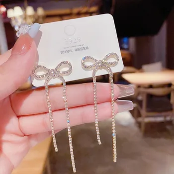 925 Silver Needle Korean Fashion Long Crystal Bow Tassel Earrings For Women Jewelry 2025 Trending Luxury Pearl Bowknot Earrings
