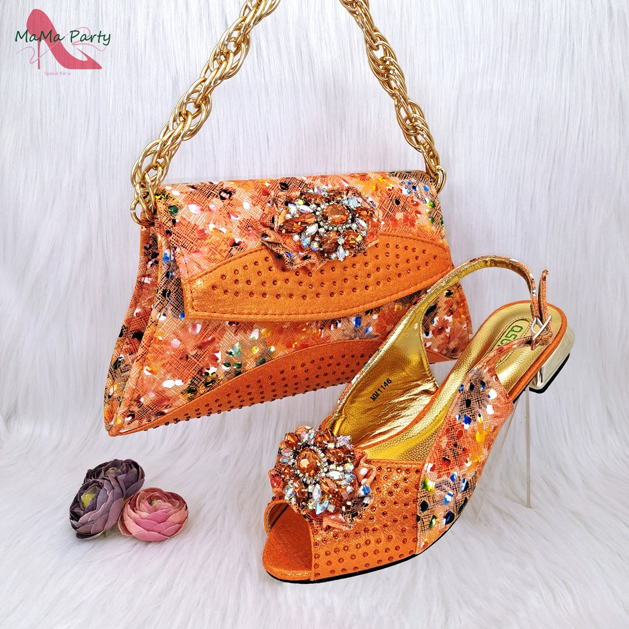 

Mature New Coming African Women Shoes Matching Bag Set with Shinning Crystal with Thin Heels for Garden Party in Orange