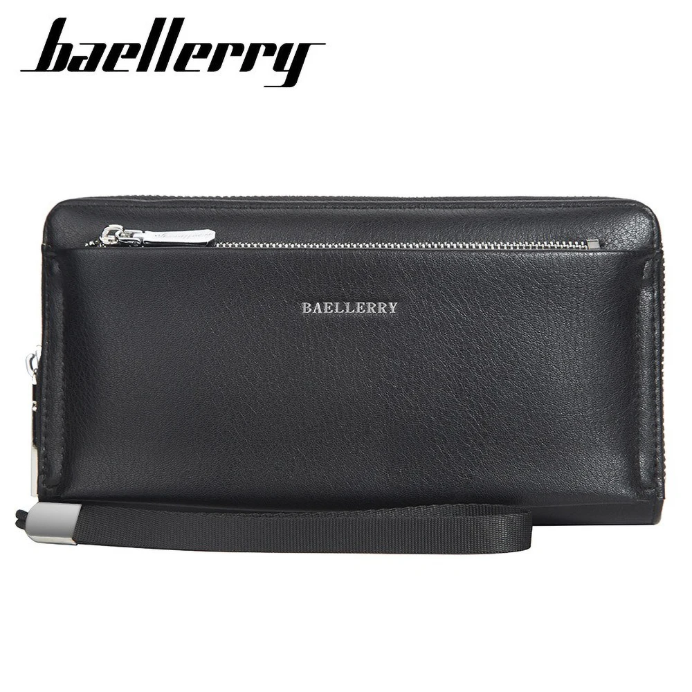 Baellerry Men's Travel Wallet Phone Sleeve + Wrist Strap RFID Blocking Long Business Organizer Triple Zipper