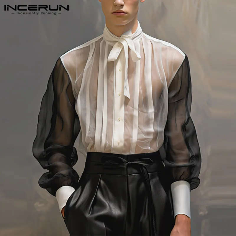

INCERUN Tops 2023 Handsome Men's Mesh Black&White Splicing Design Shirts Sexy Male See-through Strap Stand Collar Blouse S-5XL