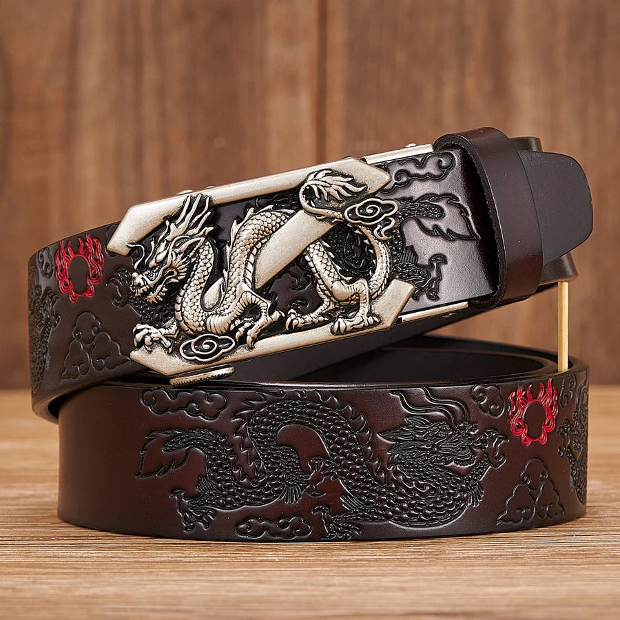 Male Genuine Leather Belts Casual Ratchet Belt with Automatic Buckle Luxury Design Dragon Pattern Belts for Business Men Strap