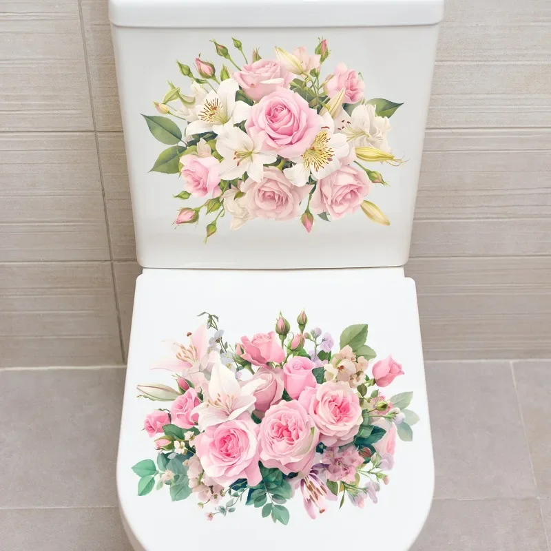 Natural Plants Pink Flower Leaf Toilet Stickers 2pcs for Home Bathroom Waterproof Self Adhesive Wall Background Stickers