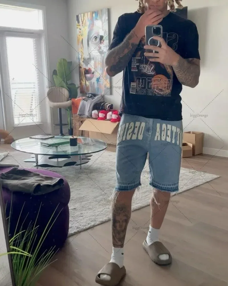 American Street Letter Embroidered Retro Denim Shorts Men's Casual Embroidered Bone Denim Shorts Men's and Women's Gym
