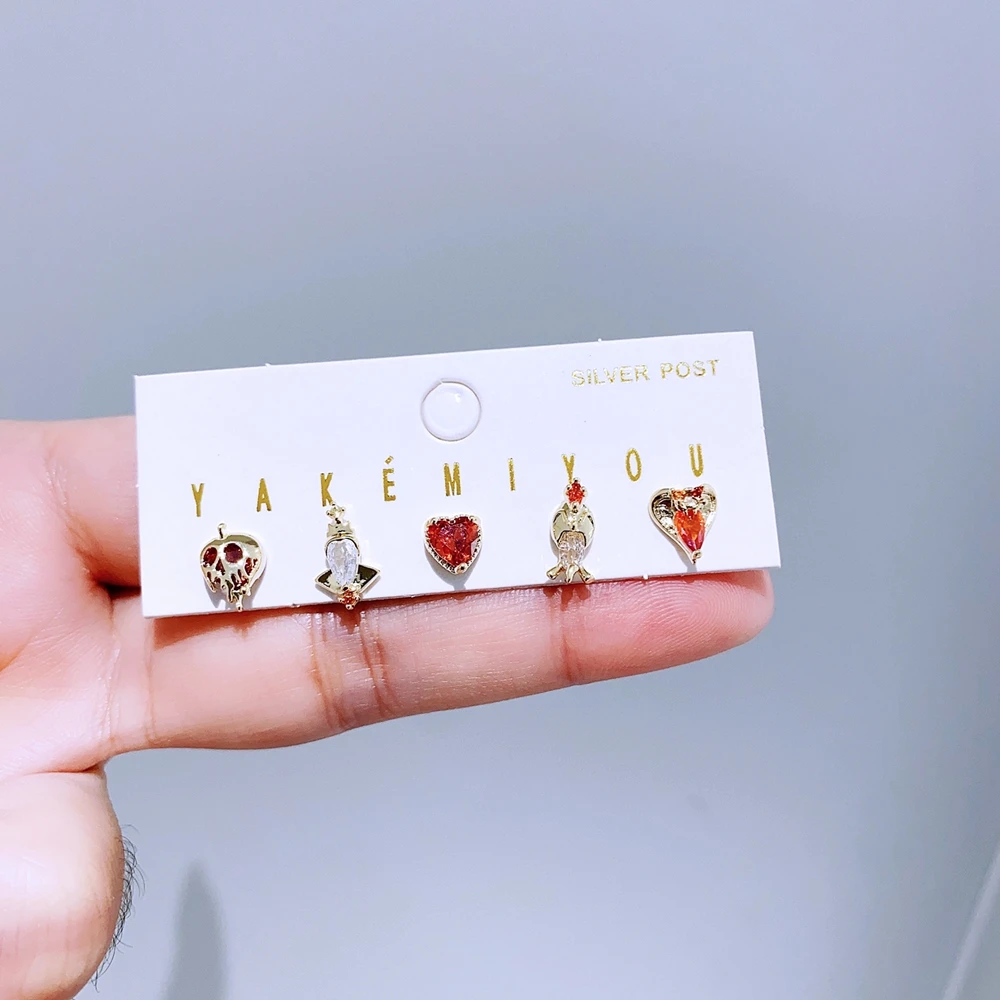 5pcs/set Mixed Design Villains Stud Earrings for Women Girls Gold Color Cubic Zirconia Gift Jewelry 3