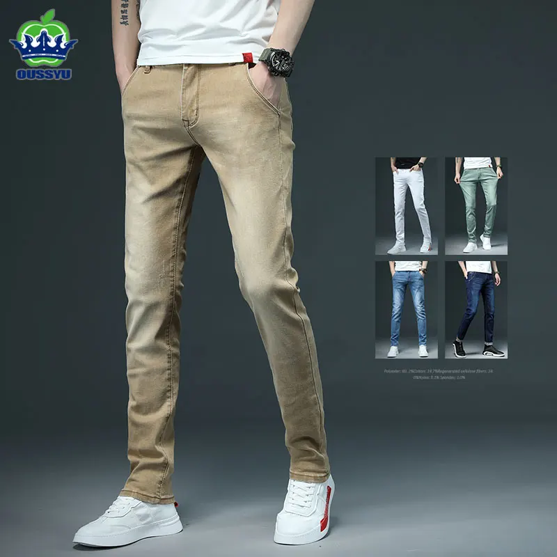 2023 Nowe Obcisłe Jeansy W Stylu Vintage W Stylu Khaki Męskie Na Co Dzień Bawełniane Wąskie Spodnie Dżinsowe Męskie Ubrania Marki Niebieska Białe Spod
