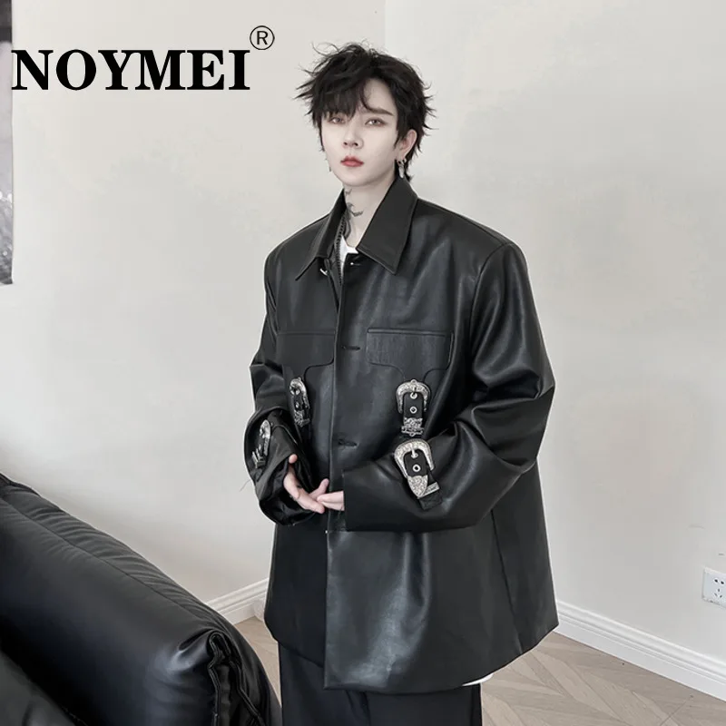 

NOYMEI Silhouette Shoulder Pad PU Leather Jacket Metal Buckle Decoration Top Trend 2024 Autumn Black Male Coat Chic WA2645