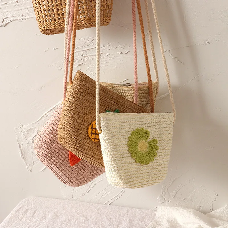 Children Straw Woven Messenger Bag Cute Girls Small Purse Handbags Baby Kids Mini Shoulder Bags 2
