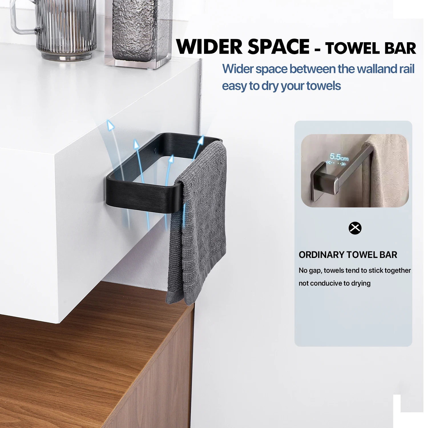 Bathroom Towel Rack Towel Holder 20/30/40CM Black Bar No drill Wall Mount Stainless Steel Kitchen Cabinet Storage