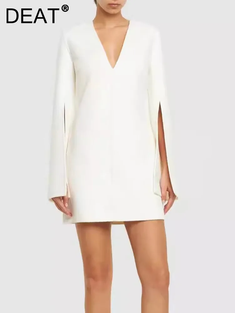 

DEAT Fashion Women's Dress V-neck Split Flare Sleeves Zipper Waist Retraction Solid Color Slim Dresses Summer 2024 New 7AB3924
