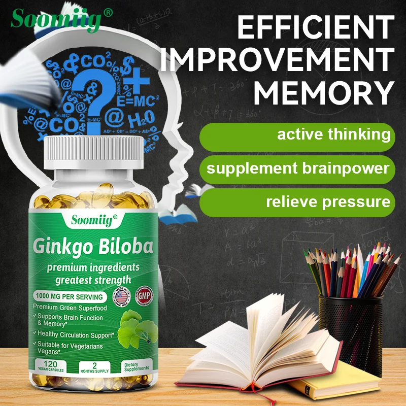 

Ginkgo Biloba Extract - Contains Vitamins, Zinc, Supports Brain Function, Improves Memory, Plant Fiber Capsules
