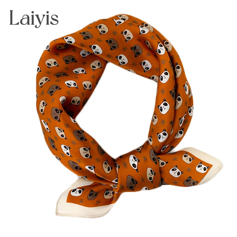 

New Small Pure 100% Silk Scarf Square Neck Panda Print Hair Band Foulard Female Bandana Women Neckerchief 53x53cm 2022