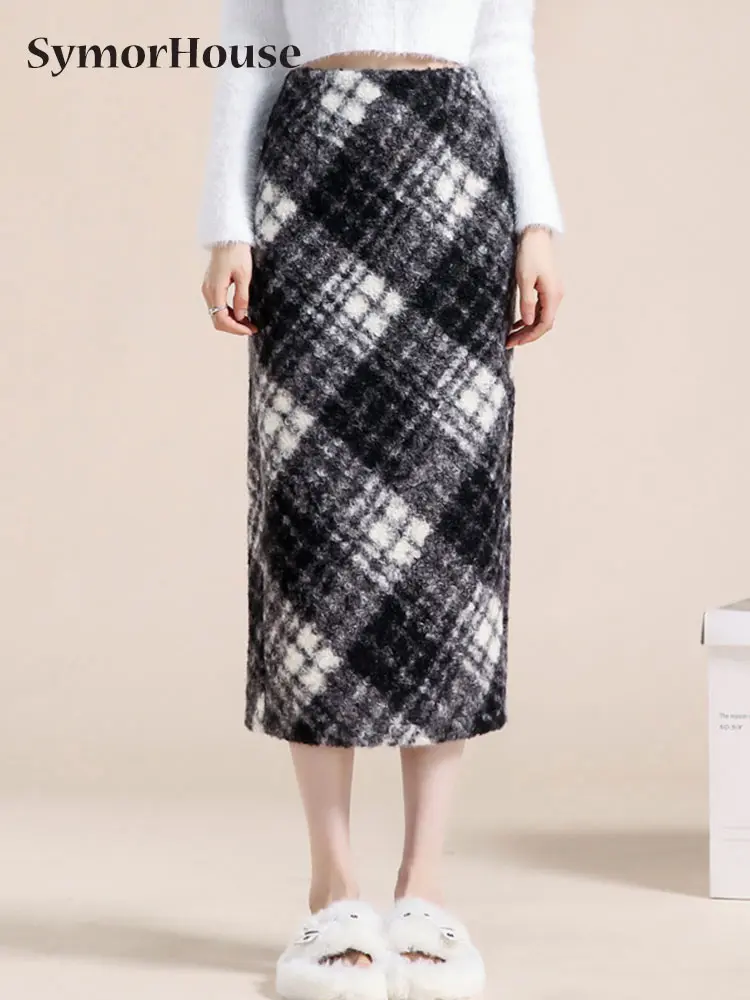 

2023 Winter Warm Vintage Plaid Wool Pencil Skirt For Woman High Waist Elegant Casual Sexy Split Woolen Saias Longas Female