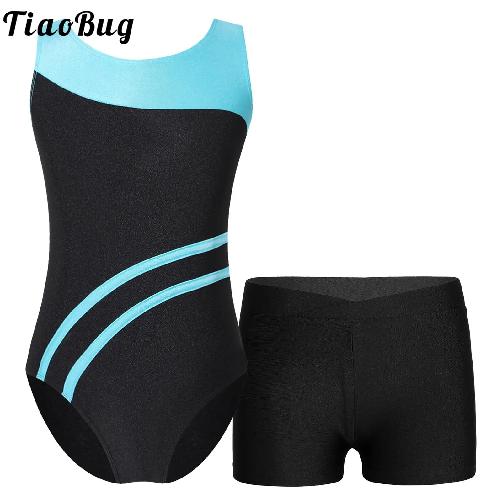 

Kids Girls Sleeveless Stylish Cutout Back Contrast Color Leotard with V-front Waistband Shorts for Dance Sports Gym Workout