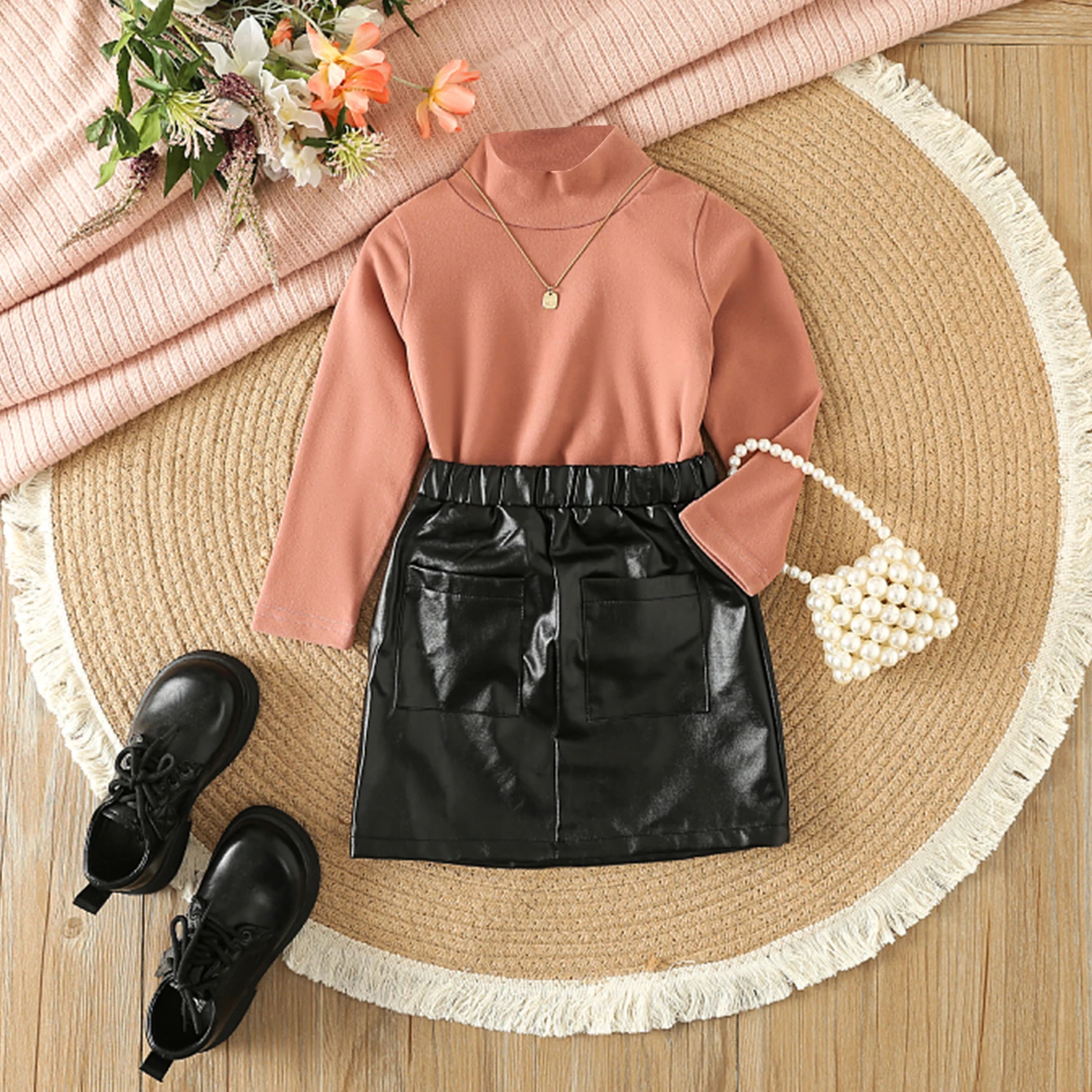 

BeQeuewll Toddler Girls 2Pcs Fall Outfits For Fall Long Sleeve Mock Neck Tops And Leather Skirt Set Baby Clothes For 2-7 Years