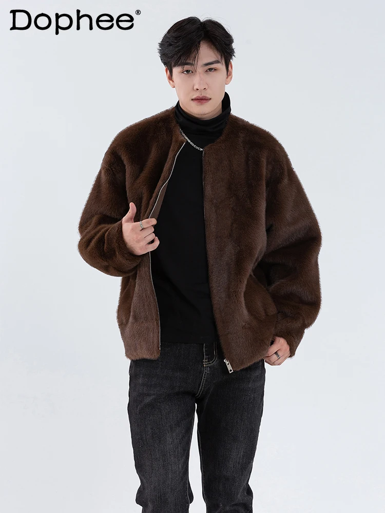 

Fashionable Retro Mink Overcoats Casual Mink-like Coats Zipped Round Neck Warm Men's Winter Environmental Protection Fur