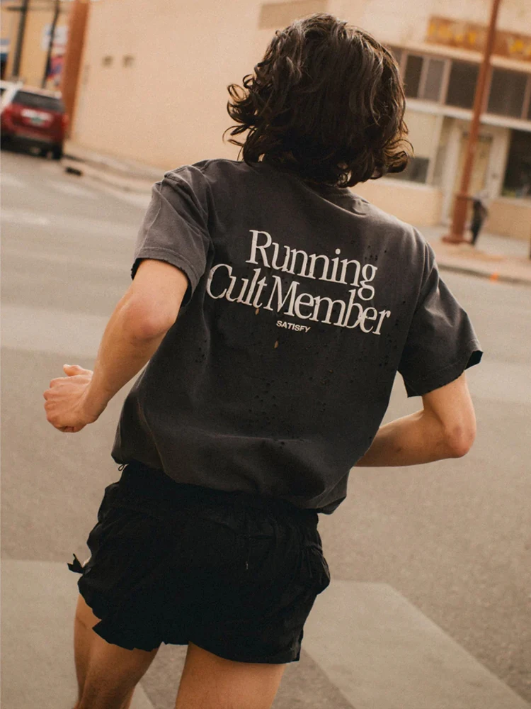 Trendy SATISFY Running MothTech Muscle round Ne Distred Pure Cotton Printed ort Sve T-irt Casual Loose Fit Youth ...