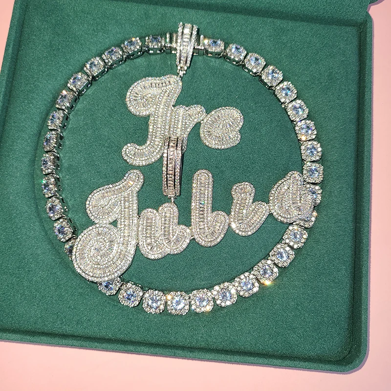 Customized Big Brush Cursive Iced Out Name Pendant  Word Necklace With Rhinestone Baguettes Chain Hip Hop Jewelry