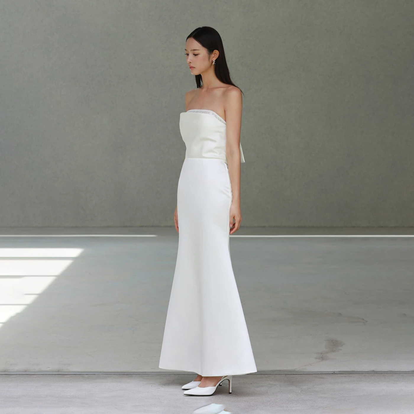 

OEING Strapless Korea Garden Evening Dresses Bow White Sleeveless Formal 프롬드레스 Ankle Length Elegant Prom Grown Party Women Bride