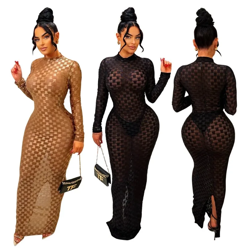 

Sexy Mesh Patchwork See Through Long Dress Elegant Evening Party 2023 Autumn Crew Neck Long Sleeve Slim Fit Split Vestidos