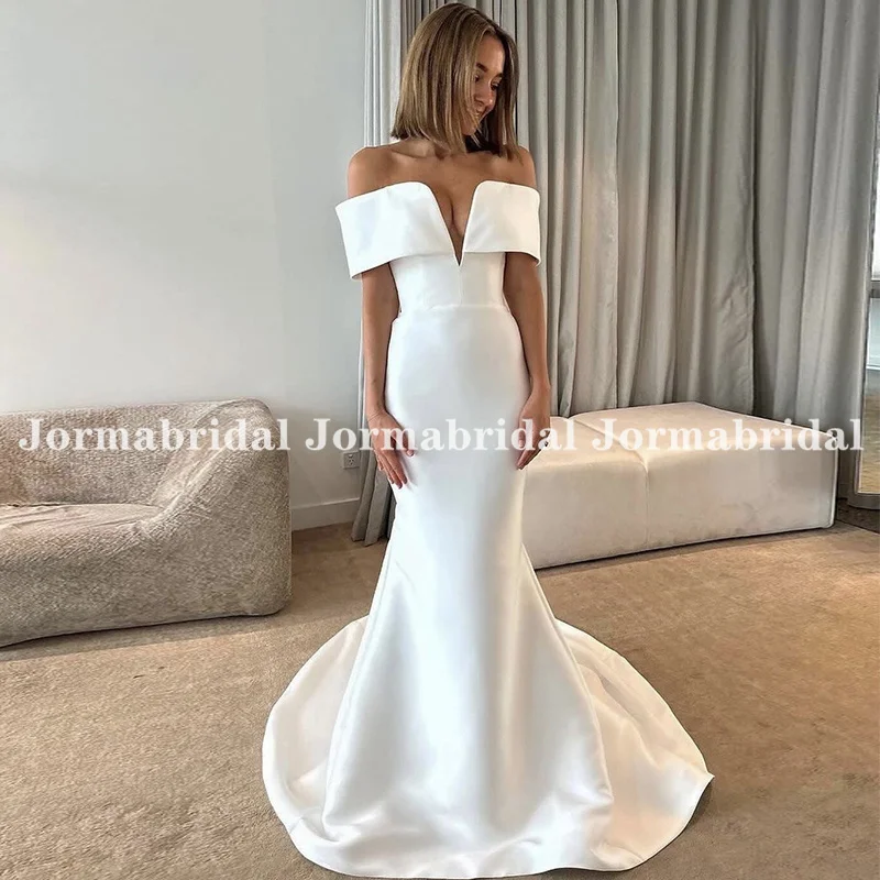 

Modern Off the Shoulder Wedding Dress with Plunging Notched Neckline Bridal Gowns Eegant Mermaid Long Satin Wedding Gown Vestido