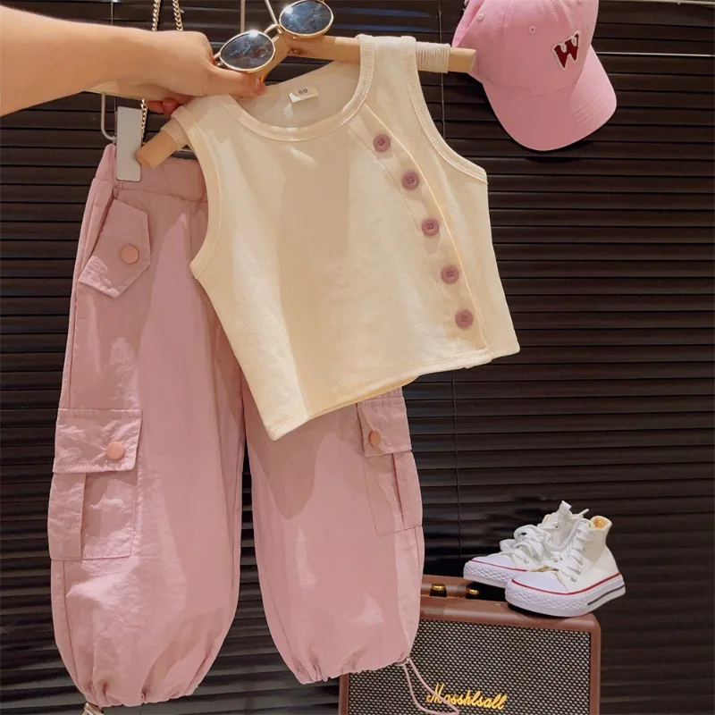 Summer Baby Girl Clothes Fashion T Shirt + Cargo Pants Sets Cute Button Vest Hip Hop Suit for Kids Baby Girl Outfit Set image