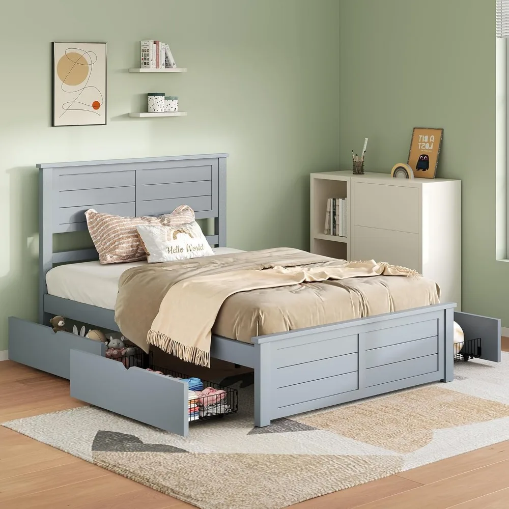 Twin Bed Frame with Headboard, Platform Bed with 4 Storage Drawers, Wood Bed Frame for Bedroom, Wood Slats Support, Grey 3