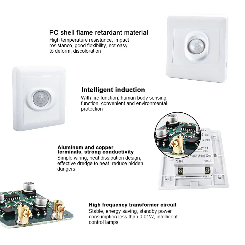 Motion Sensor PIR Sensor Switch Motion Sensor Switch Human Body Sensor Switch AC110V 220V 86 Type Automatic Switch Recessed Infrared Motion Sensor Light Detector For LED Lamp
