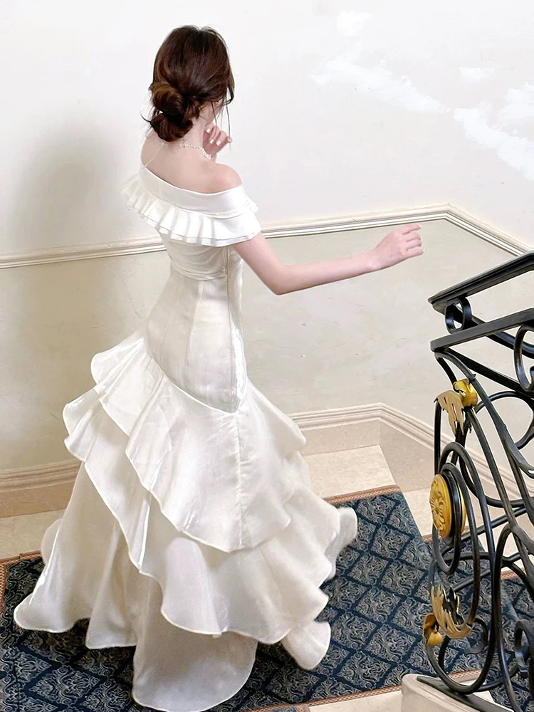 Nuovo Abito Lungo Elegante Francese da Donna, con Volant, Scollo a Barca, Vestito a Sirena Slim, Senza Maniche, Stile Tromba, Estetico Femminile - immagine 3