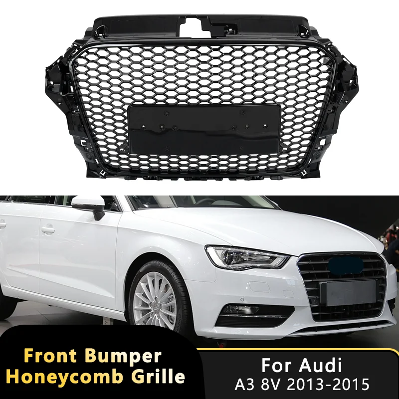 Honeycomb Hex Mesh Front Bumper Grill Grilles For Audi A3 8V 2013-2015 S3 Car RS3 Styling Gloss Black Replacement Upper Grille