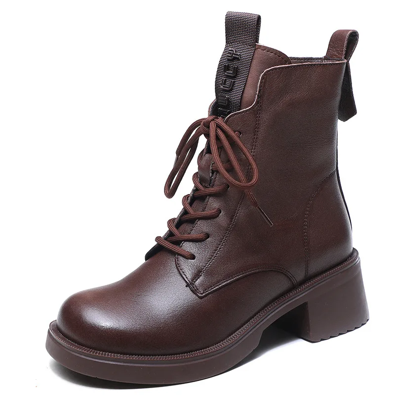 

Winter Boots Women Shoes Genuine Leather Zip Round Toe 2022 New Sewing Leisure Lace-up Handmade Ankle Platform Boots