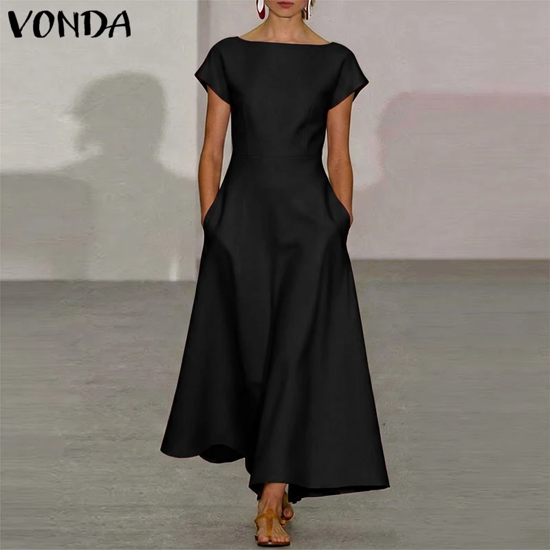 VONDA Elegant Party Women Dress A-line Summer Short Sleeve Long Maxi Dresses OL Work Casual Streetwear Solid Color Vestidos 2