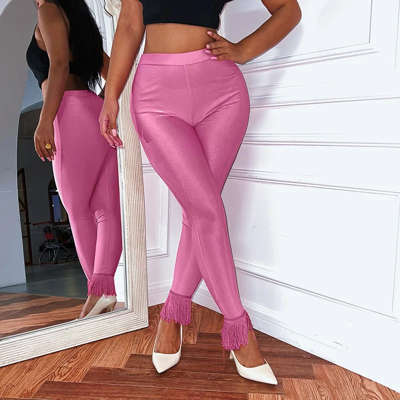 BKLD Spring 2022 Womens Fashion Tight-Fitting Shaping Casual Pants Solid Color Temperament Streetwear Hipster Tassel Trousers high waisted jeans