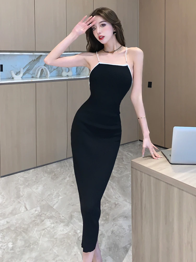 

Women Sexy Backless Pearl sling Dress 2023 New Feminine Vestidos Knitted Halter Dresses Female Elegant Fashion Party Dress