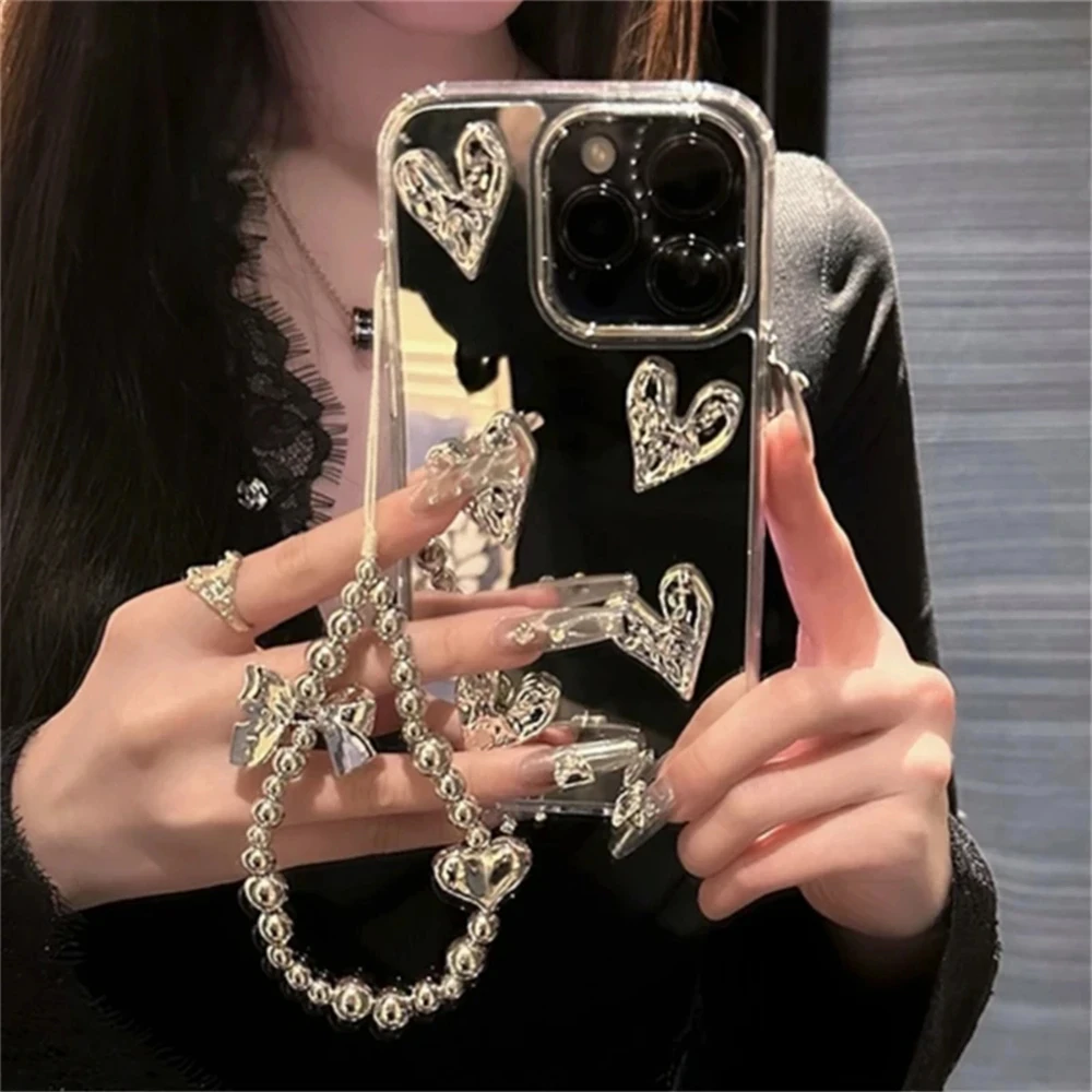 Stylish 3D Love Heart Bracelet Phone Case with Silvery Mirror Finish