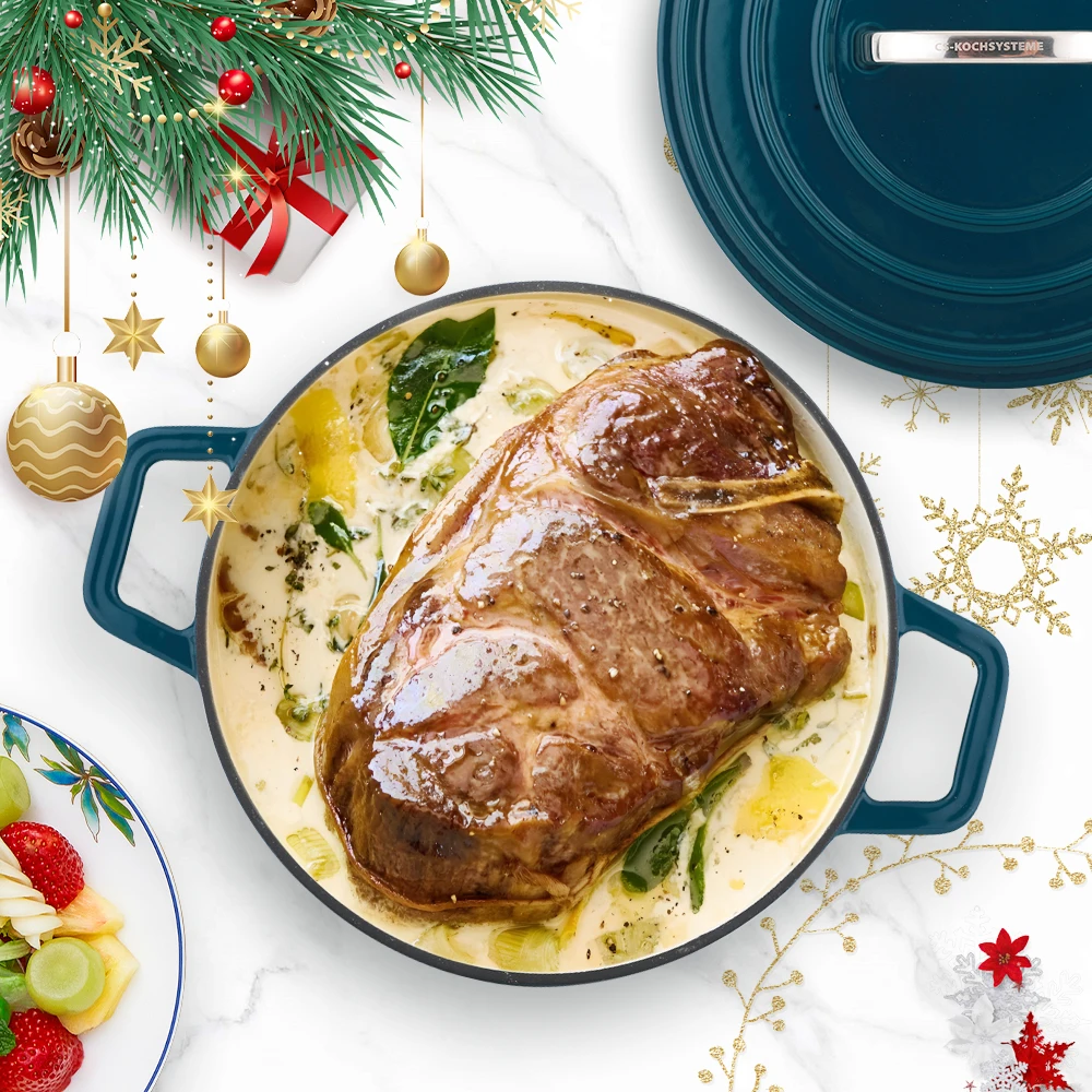 KOCH SYSTEME CS 24cm Green Cast Iron Casserole Pot Enamel Roasting Dish with Lid Stock Pot for Kitchen Baking Braising Roasting 6