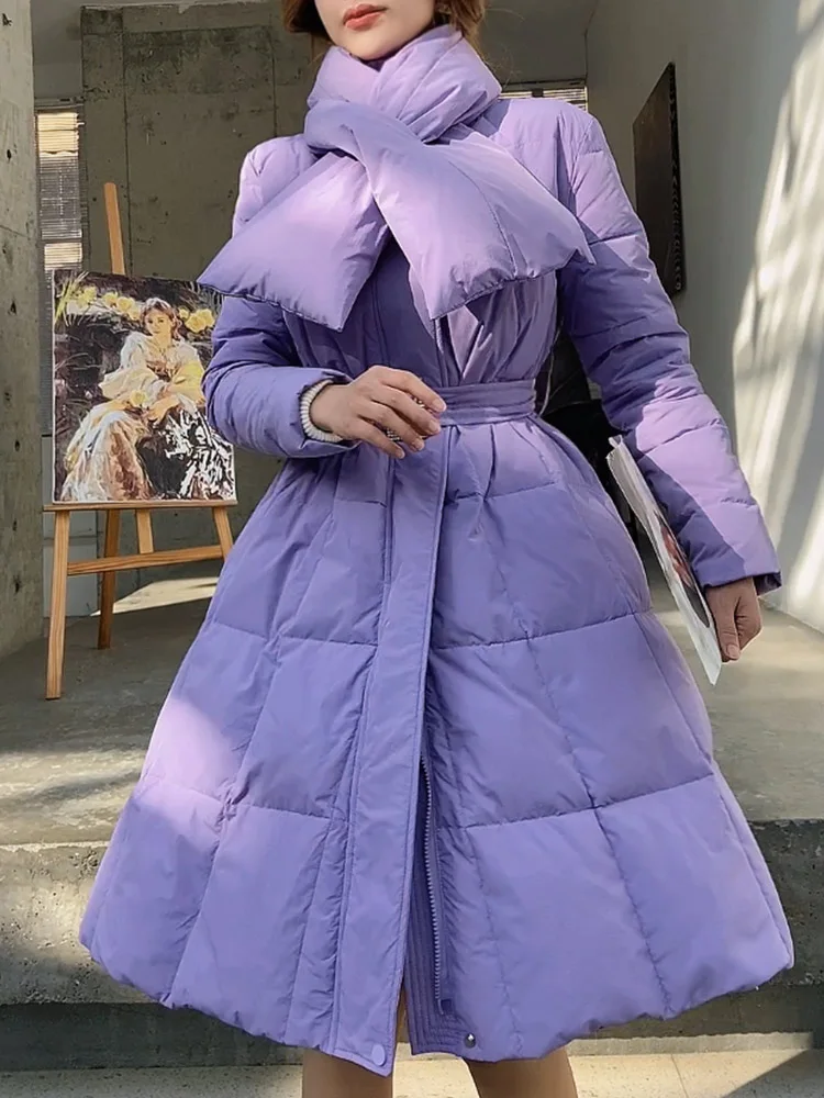 Fashion Detachable Scarf Waist-Tight White Duck Down Jacket Female Winter New Mid-Length Thickened Warm Purple Coat for Women