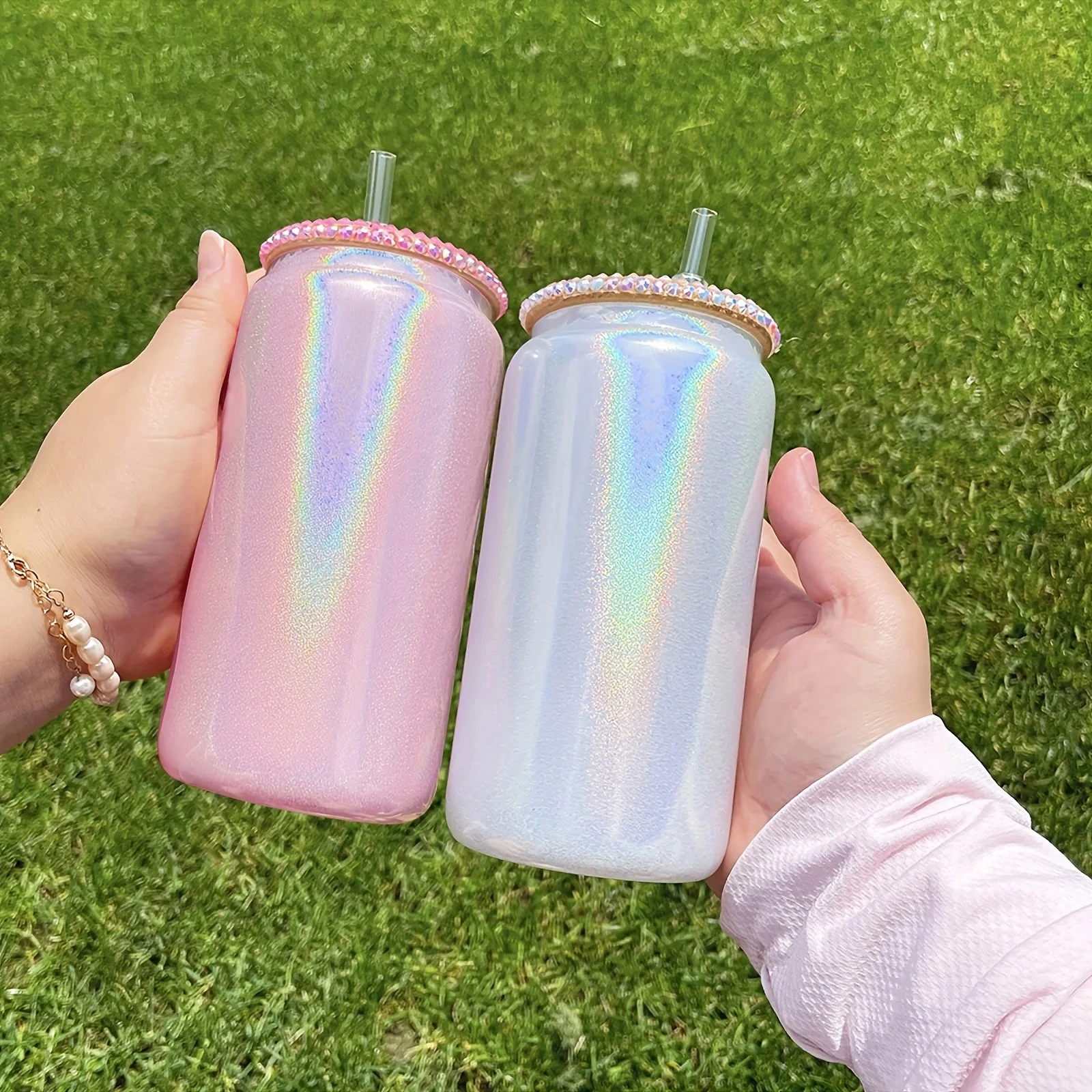 Double Wall Glass Cup 16oz Shimmer Glass Cup Sublimation Mason Glass Cups With Lid Straw Beer Glasses Summer Juice Coffee Cup