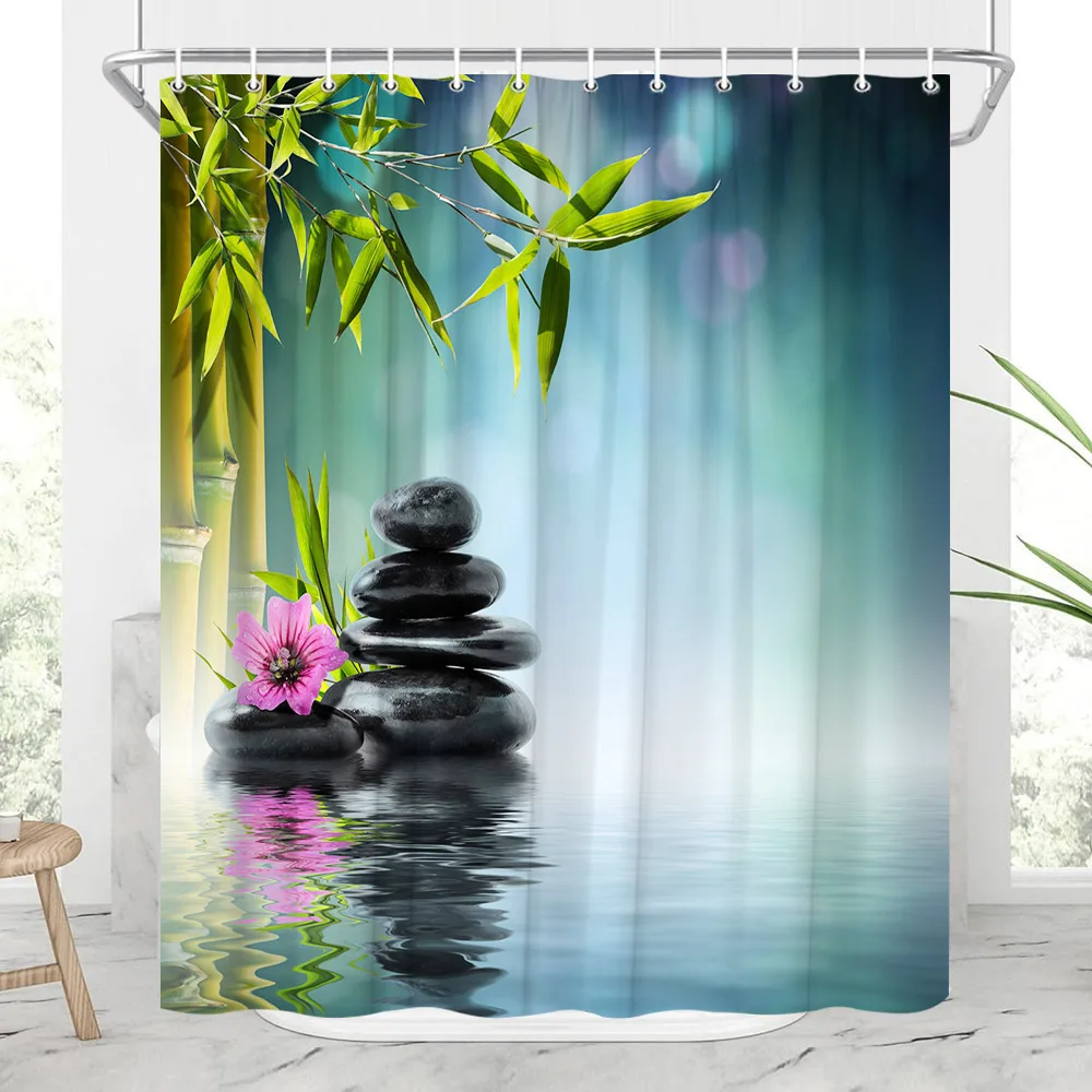 

Zen Shower Curtains Buddhism Buddha Lotus Landscape Shower Curtains Zen Stone Green Bamboo Flowers Plants Scenery Bathroom Decor