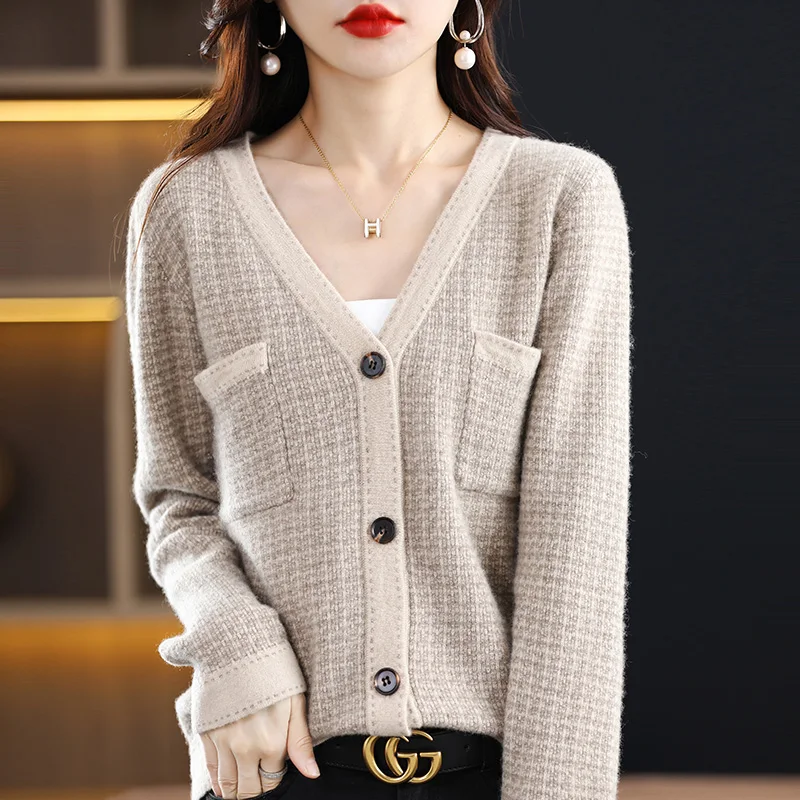 

Spring, Autumn And Winter New Fragrance 100% Pure Wool Knit Cardigan Women's Coat Loose Slim Cashmere Sweater