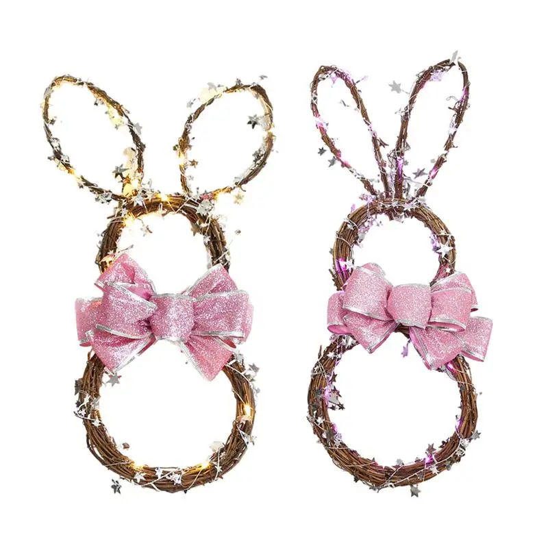 

Rabbit Garland Easter Ornament with LED Light Spring Welcome Door Garland Front Door Wall Decoration Rabbit Wreath for door